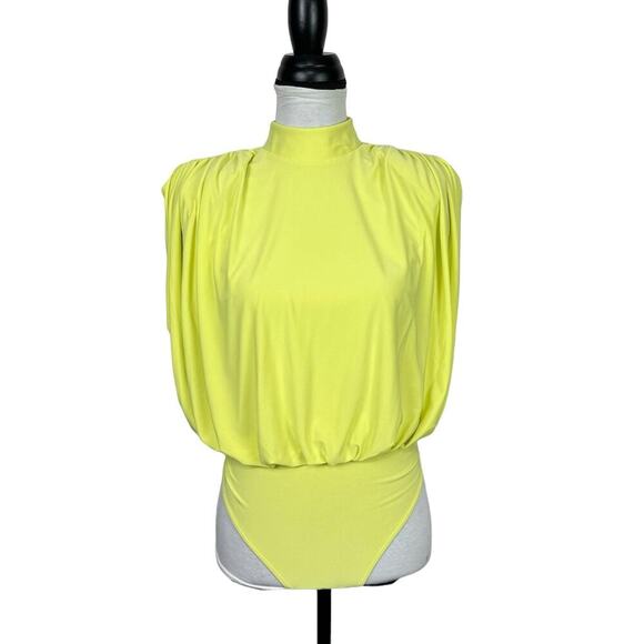 Express Neon Yellow Draped Mock Neck Open Back Thong Bodysuit w Shoulder Pads - Picture 4 of 12